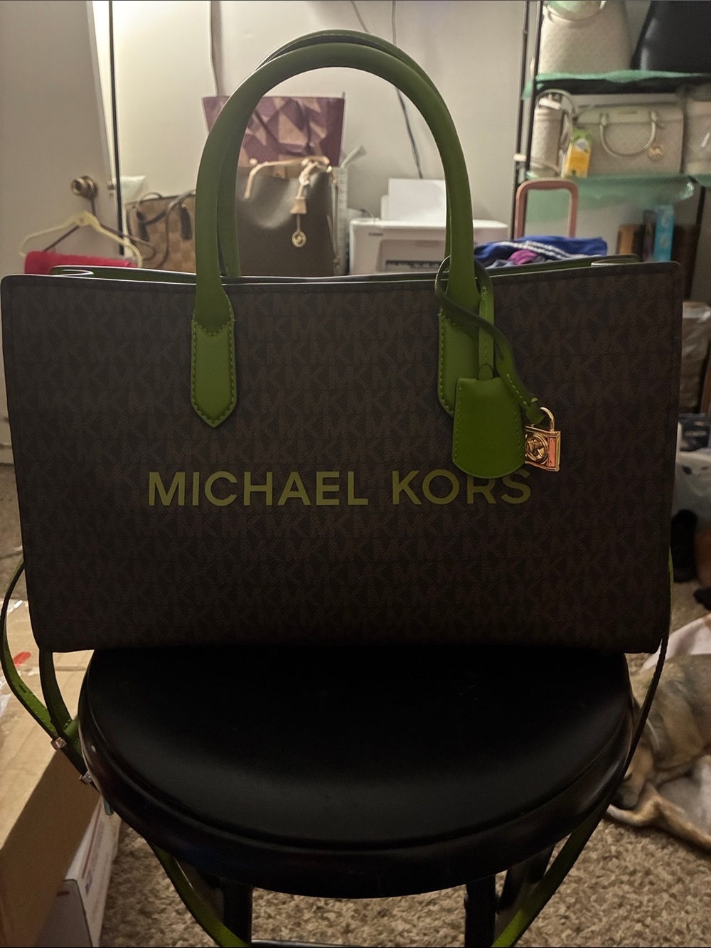 Michael Kors Brown Signature Tote with Olive Green Accents